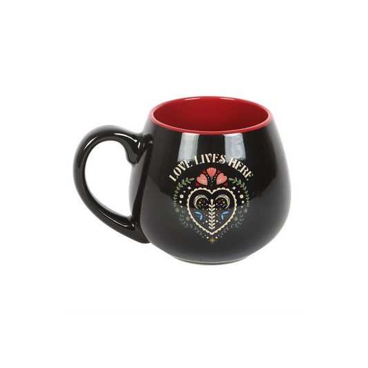 Love Lives Here Folk Heart Rounded Mug