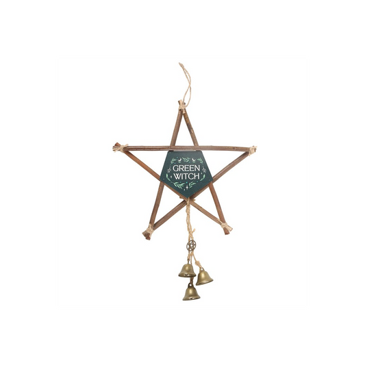 Green Witch Hanging Willow Pentagram with Bells