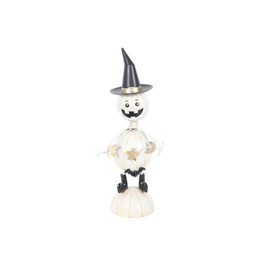 White Metal Pumpkin Man Ornament with Witch Hat