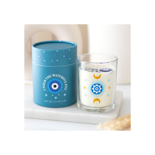 Under Watchful Eyes White Rose Candle with Crystals