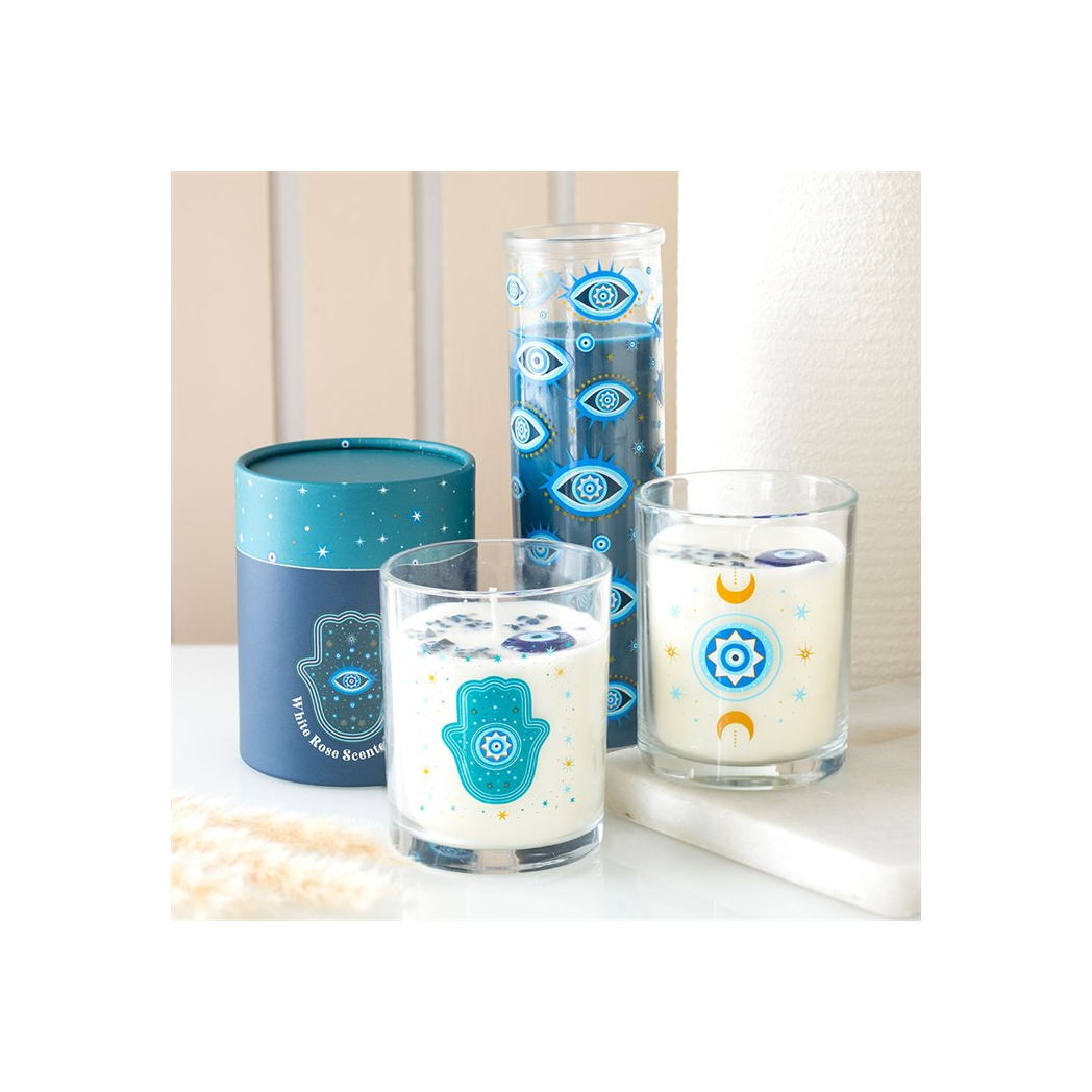 Hand of Hamsa White Rose Candle with Crystals