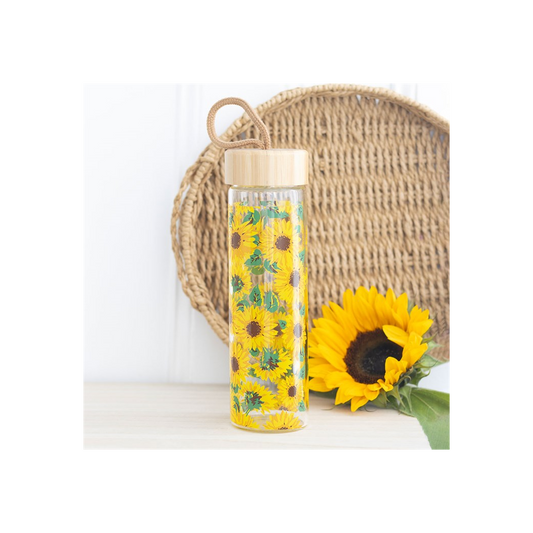 Sunflower Print Glass Water Bottle