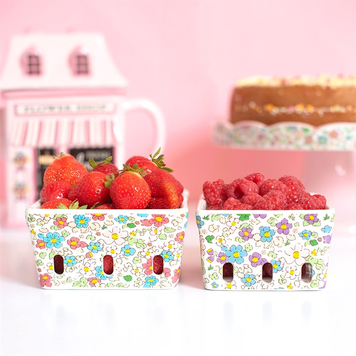 Set of 2 Floral Print Ceramic Berry Baskets