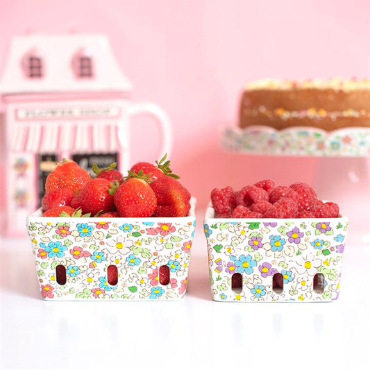 Set of 2 Floral Print Ceramic Berry Baskets